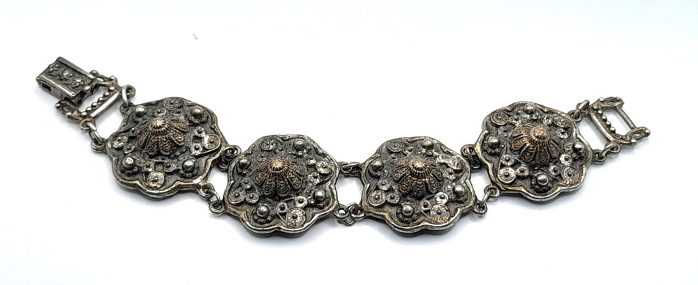 Antique 1900’s Rice Weiner “Estruscana” Panel Bracelet Antique Silver Tone 7″
