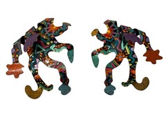 Vintage 80s Post Modern Whimsical Dancing Jester Earrings Sculptural Enamel 3D