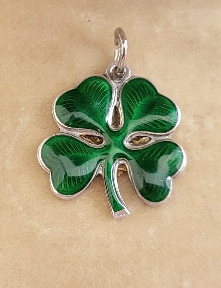 VINTAGE ART DECO STERLING SILVER ENAMEL 4 LEAF CLOVER CHARM GOOD LUCK