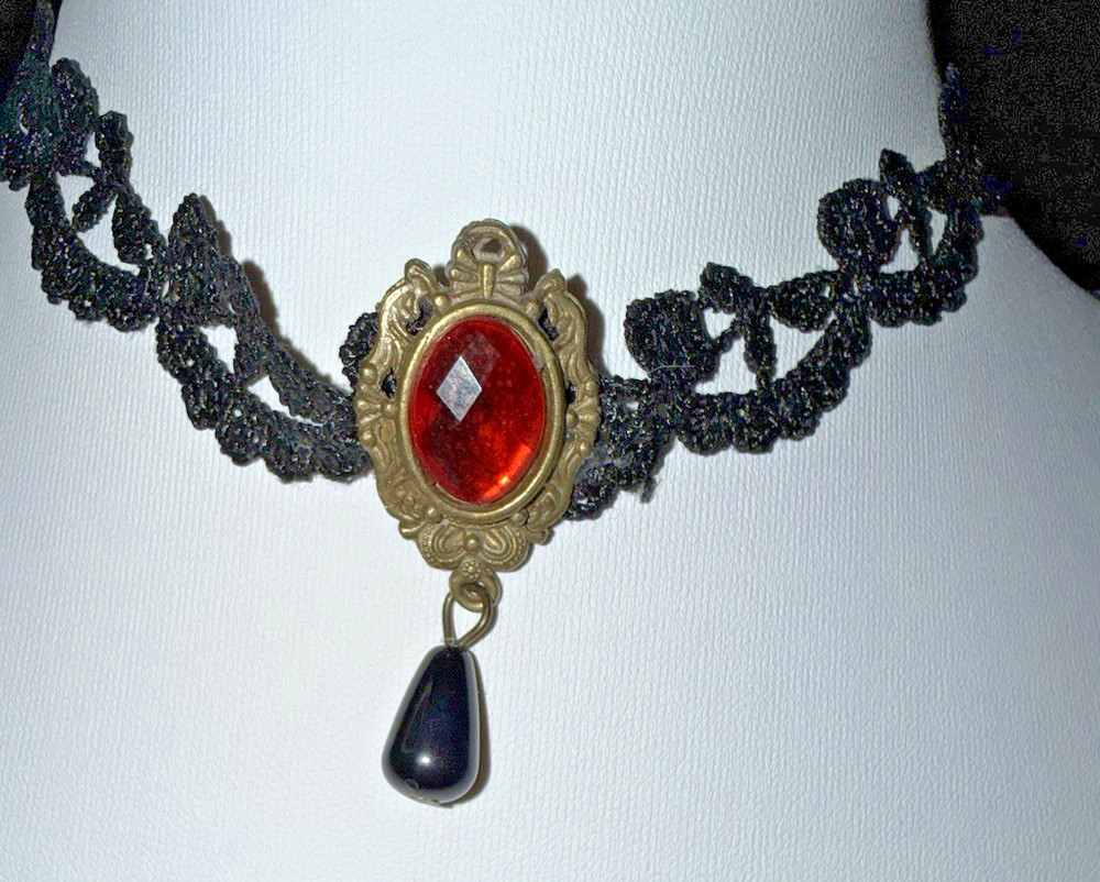 Victorian Style Gothic Lace Red Gem Choker Necklace 14-15″ Steampunk – Vampire
