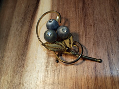 Mid-Century 2-Piece Set Grey Silk Wrapped Bead Necklace & Filigree Berry Brooch