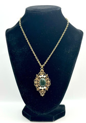 Necklace & Gold Tone Filigree Jade Stone & Faux Pearls Pendant Vintage