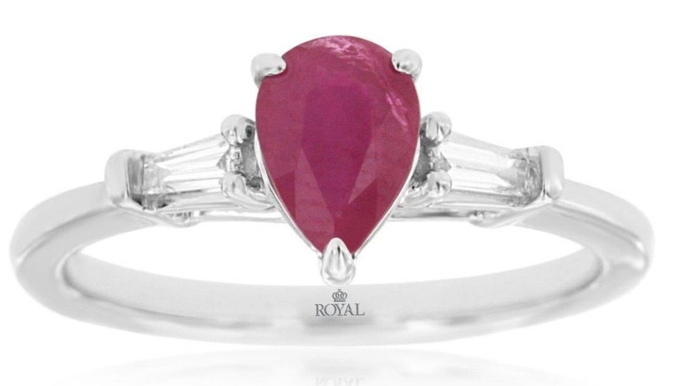 .86CT DIAMOND & AAA RUBY 14K WHITE GOLD PEAR SHAPE & TAPER BAGUETTE 3 STONE RING
