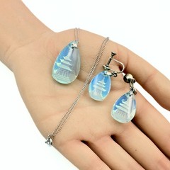 Antique Art Deco Marked Blue Glass Pagoda Sterling Silver Necklace Earrings Set