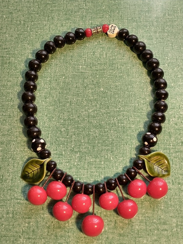 Vtg Flying Colors Rockabilly Pin-Up Red Cherries Black Dot Ceramic Bead Necklace