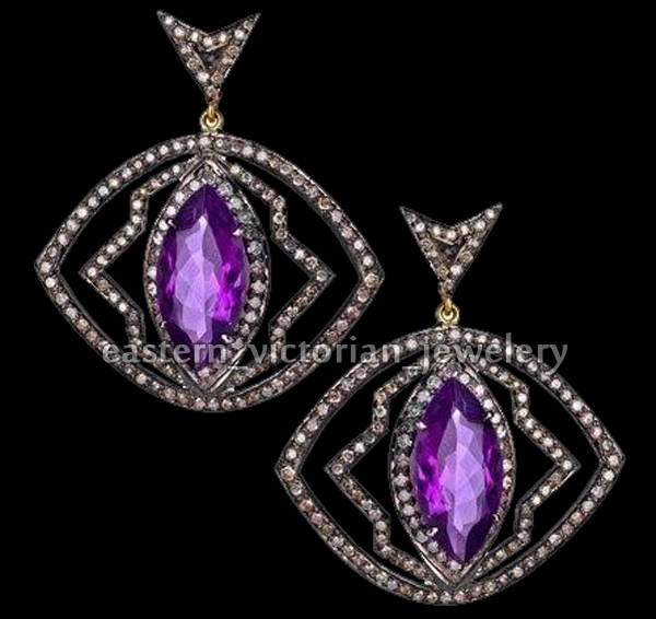 Stunning 2.25ct Rose Cut Diamond Amethyst Studded Silver Vintage Earring Jewelry