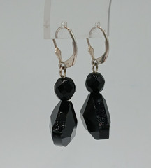 VTG 925 Earrings 1in Wide Black Faceted Glass Sterling Silver Ear Wire Art Deco