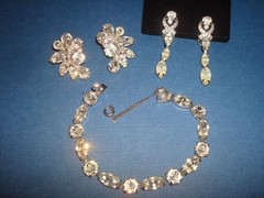 Vtg. EISENBERG BRACELET&TWO PAIRS EARRINGS CLEAR RHINESTONES ALL SIGNED,LOT/SET