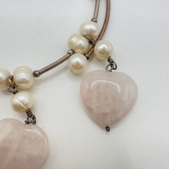 Vintage Pearl & Rose Quartz Choker Y2K Necklace Silver Tone Memory Wire Dangle