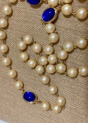 Vintage Faux Pearl Beaded Necklace Bezel Cobalt Blue Cabochon Opera Flapper 42″