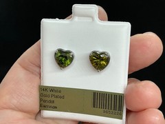 SALE ! Vintage 14k white gold plated heart peridot earrings