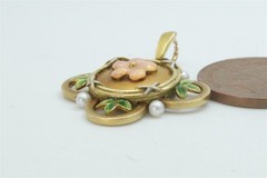 15K GOLD PINK GREEN ENAMEL PEARL PENDANT – QUALITY ANTIQUE ENGLISH -1880