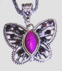 Vtg Butterfly Purple Howlite,Red Ab Crystals ,Plated Silver Tone Metal Necklace
