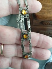 Antique Art Deco Silver Wash Czech Gold Glass 7-8 Inch Link Bracelet Draw String