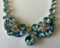 Vintage Designer Eisenberg Ice Sky Blue & Lime Green Necklace & Clip Earring Set
