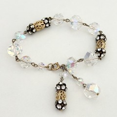 Vintage Clear AB Crystal Gold Tone Flower Openwork Beaded Tassel Bracelet 6.75″