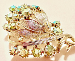 Signed Coro Green AB Rhinestone Floral Brooch 2 1/4″ Silver Tone Pin