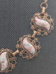 Copper Bib Necklace Turquoise Tone Lucite Cabochon Sparkle Glitter Vintage