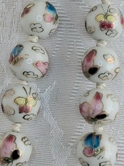 Vtg Cloisonne enamel Knotted butterfly design Gold Beads Wedding Necklace 24 in
