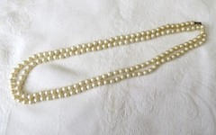 Vintage Necklace Faux Pearl Beads Ivory Hand Knotted 54″ Strand Spring Ring