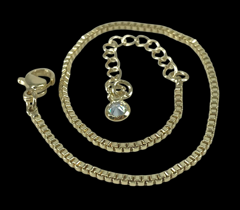 VTG Yellow Gold Plated 2mm Box chain Bracelet/Anklet Crystel charm