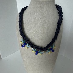 Bee Blue Necklace BRAIDED KNOTTED ROPE 18″ Blue Rhinestone Charm Jewel Bug