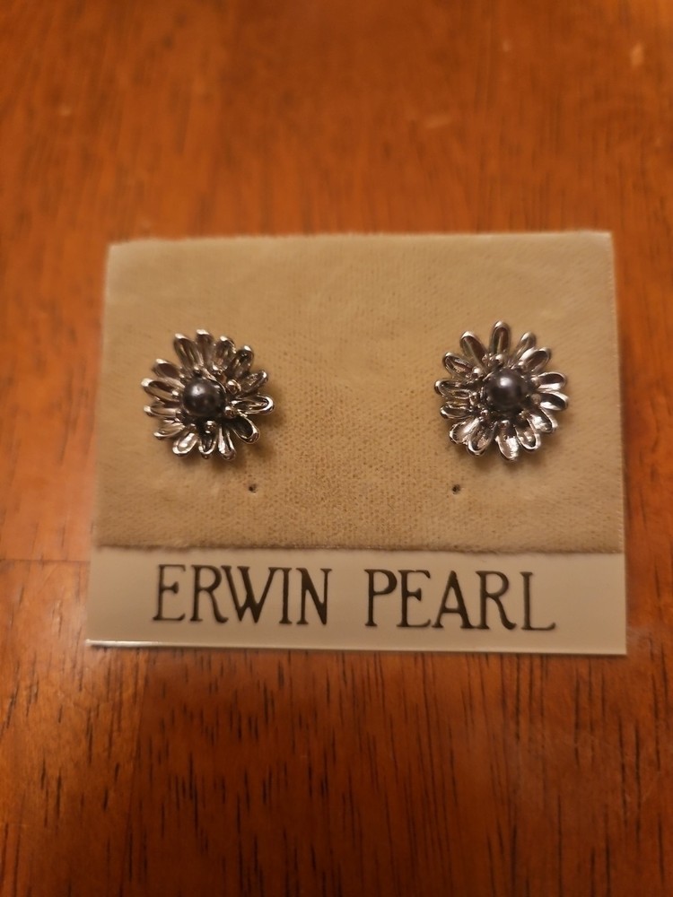 Erwin Pearl Vintage Silver tone Flower W/ Black Pearl Pierced Earrings L@@k!