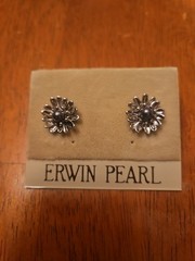 Erwin Pearl Vintage Silver tone Flower W/ Black Pearl Pierced Earrings L@@k!