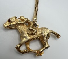 Vintage Edlee Gold Tone Heavy Metal Jockey And Horse Rhinestone Eyes Keychain