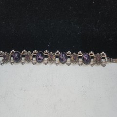 Vintage Purple Cabochon Ornate Link Bracelet Silver Tone Victorian Style 6.25 in