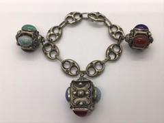 MCM VTG Etruscan Mediterranean Silver 800? Charm Bracelet 54g 8.5″ Turquoise