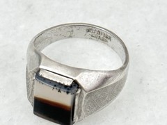 Antique Sterling Silver Banded Dendritic Agate 1920-30’s Art Deco Sz 11.25