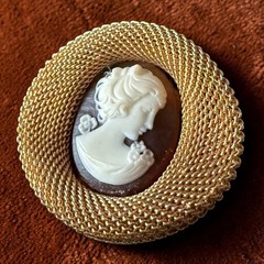 Cameo Brooch Pin Gold Tone Mesh Vintage Lady Portrait Victorian Revival