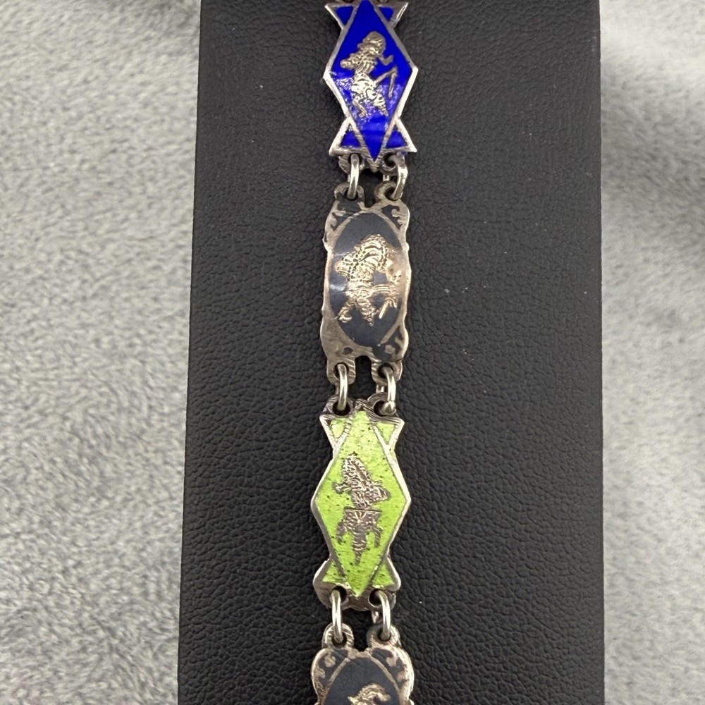 Vintage Siam Sterling Silver Bracelet Enamel Multi Color Niello 6”