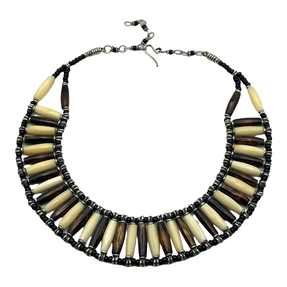 NATURAL HORN and BONE Choker Collar Necklace Silver Tone Hand Crafted 14-16” lon