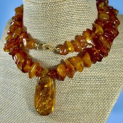 Vintage Baltic Amber Pendant Necklace 25 in Natural Honey Amber Nuggets 56 gm