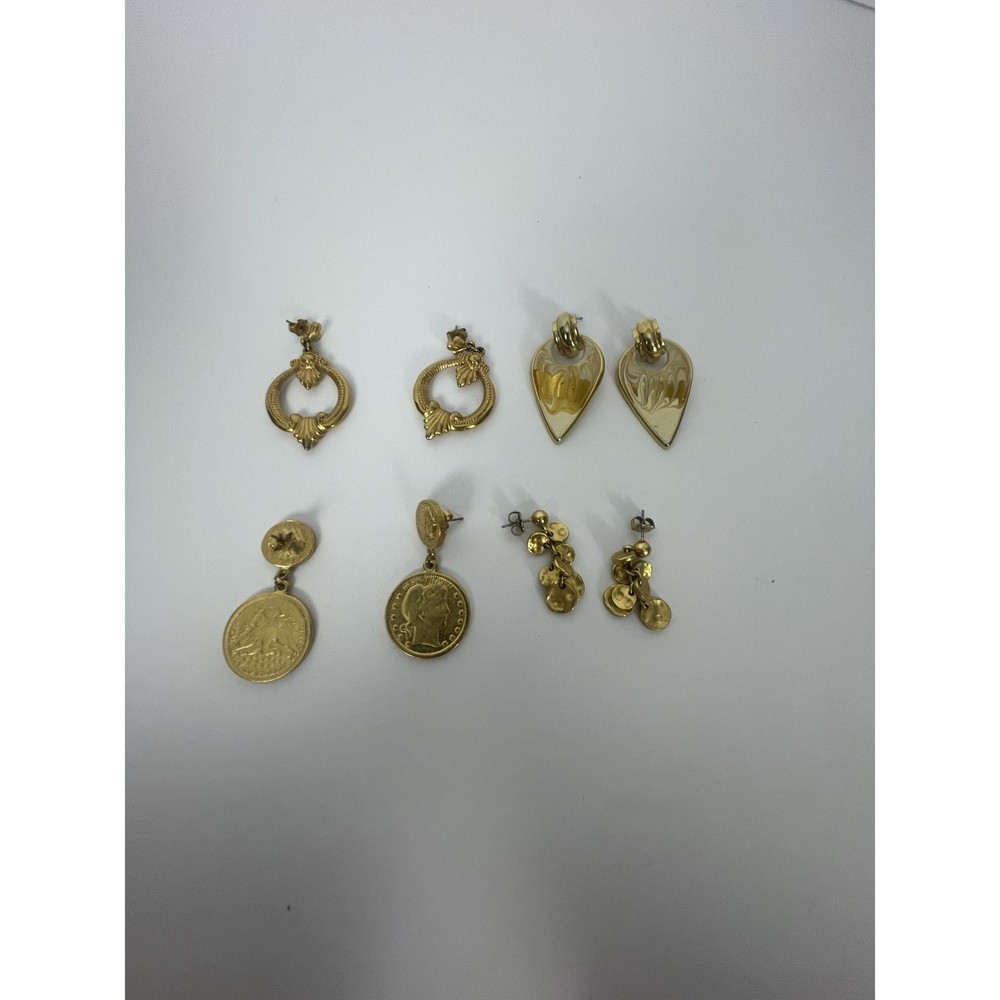 Vintage Mixed Lot 4 Pairs 2 Singles Gold Tone Enamel 1980s 1990s Dangle Earrings