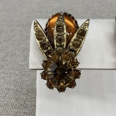 Vintage Clip On Earrings Orange Brown AB Rhinestones ￼