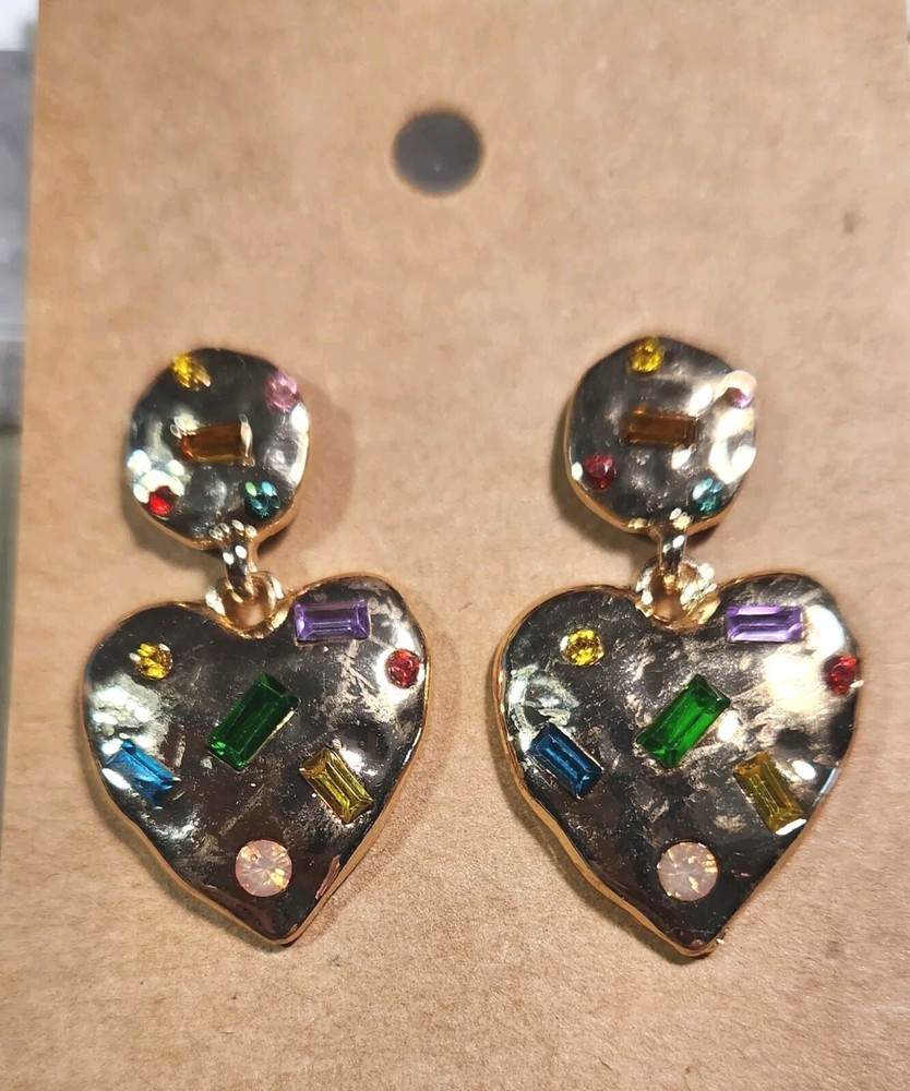 Textured Antique Gold Heart Earrings With Rhinestones Post Dangle