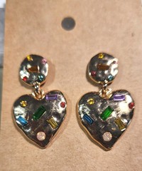 Textured Antique Gold Heart Earrings With Rhinestones Post Dangle