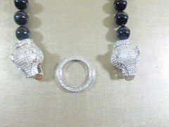 VTG 2 PANTHER HEAD KNOTTED BLACK ONYX WHITE SPINEL RUBY RHODIUM PLATED NECKLACE