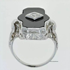 Art Deco Black Onyx & Mine Cut Cubic Zirconia 18.26TCW Filigree Milgrain Ring