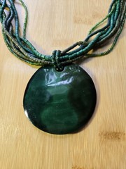 Faux Jade Pendant Layered Beaded Necklace, Green and Earth Toned Beads 22″