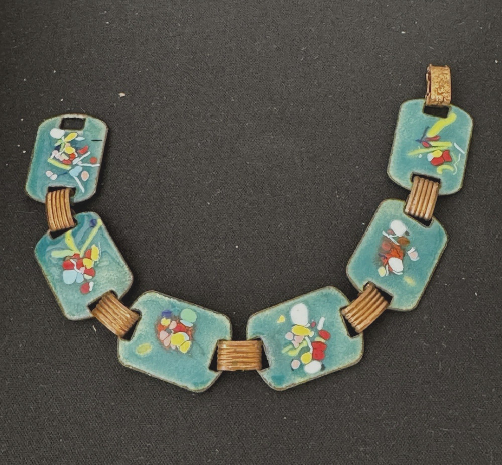 Vintage Ladies Enamel Over Copper Link Panel Bracelet 7″ Bright Color
