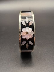Alpaca Silver Black & Mother of Pearl Flower Inlay Cuff Bracelet