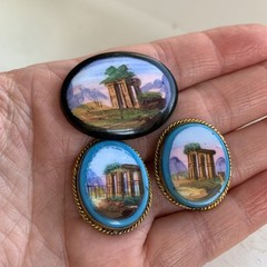 Victorian Grand Tour Opaline Glass Gold Filled Micro Scene Jewelry Medallions