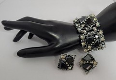 Wide Rhinestone Panel Bracelet 5 link & Earrings Set ab black rhinestones vtg