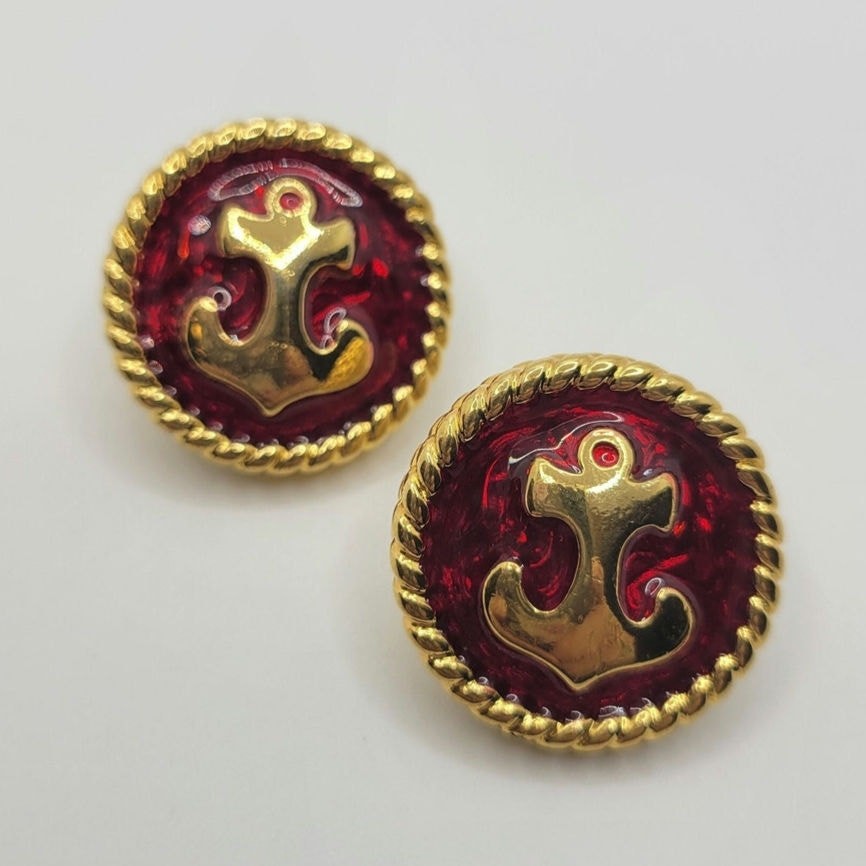 Vintage Signed Trifari Nautical Anchor Button Earrings Deep Red Enamel 1980s