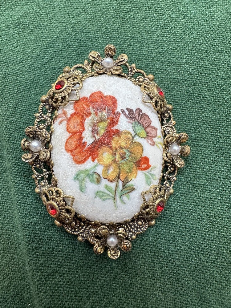 Vintage West Germany Floral Brooch | 2″ Gold Tone Filigree Pin | All Stones