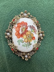 Vintage West Germany Floral Brooch | 2″ Gold Tone Filigree Pin | All Stones
